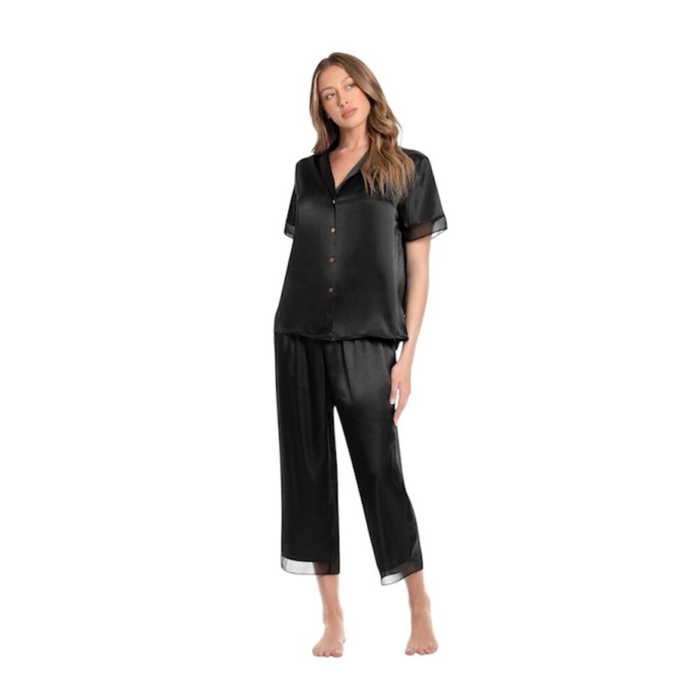 Lilac+London Satin Short Sleeve Notchneck Pajama Top & Cropped Pajama Pants